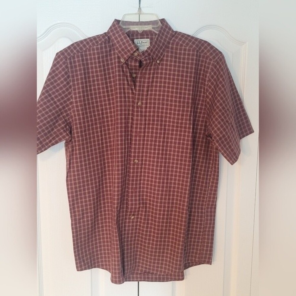 LL Bean Brown Plaid Wrinkle Resistant 100% Short Sleeve Shirt Size M